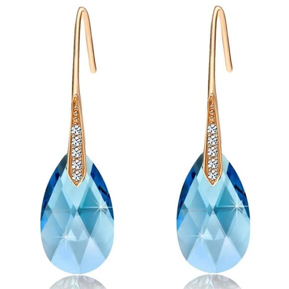 14K Yellow Gold and Aquamarine Blue Austrian Crystal Teardrop Drop Hook Earrings